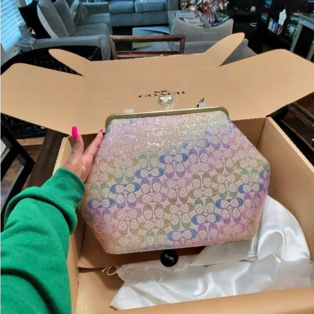 LARGE COACH Rainbow Glitter Signature Kiss-Lock Clutch